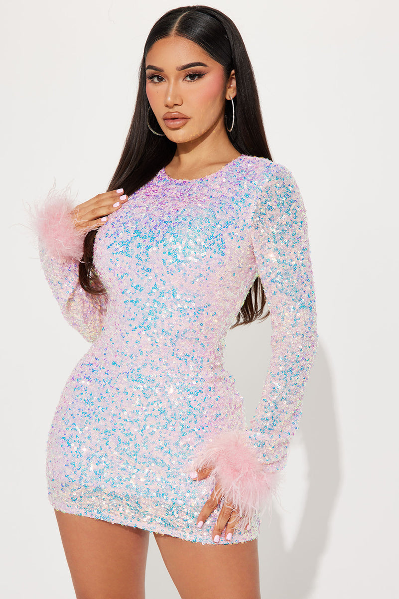 NWT! Fashion Nova Sheri Sequin Mini Dress - Pink sz Lrg.
