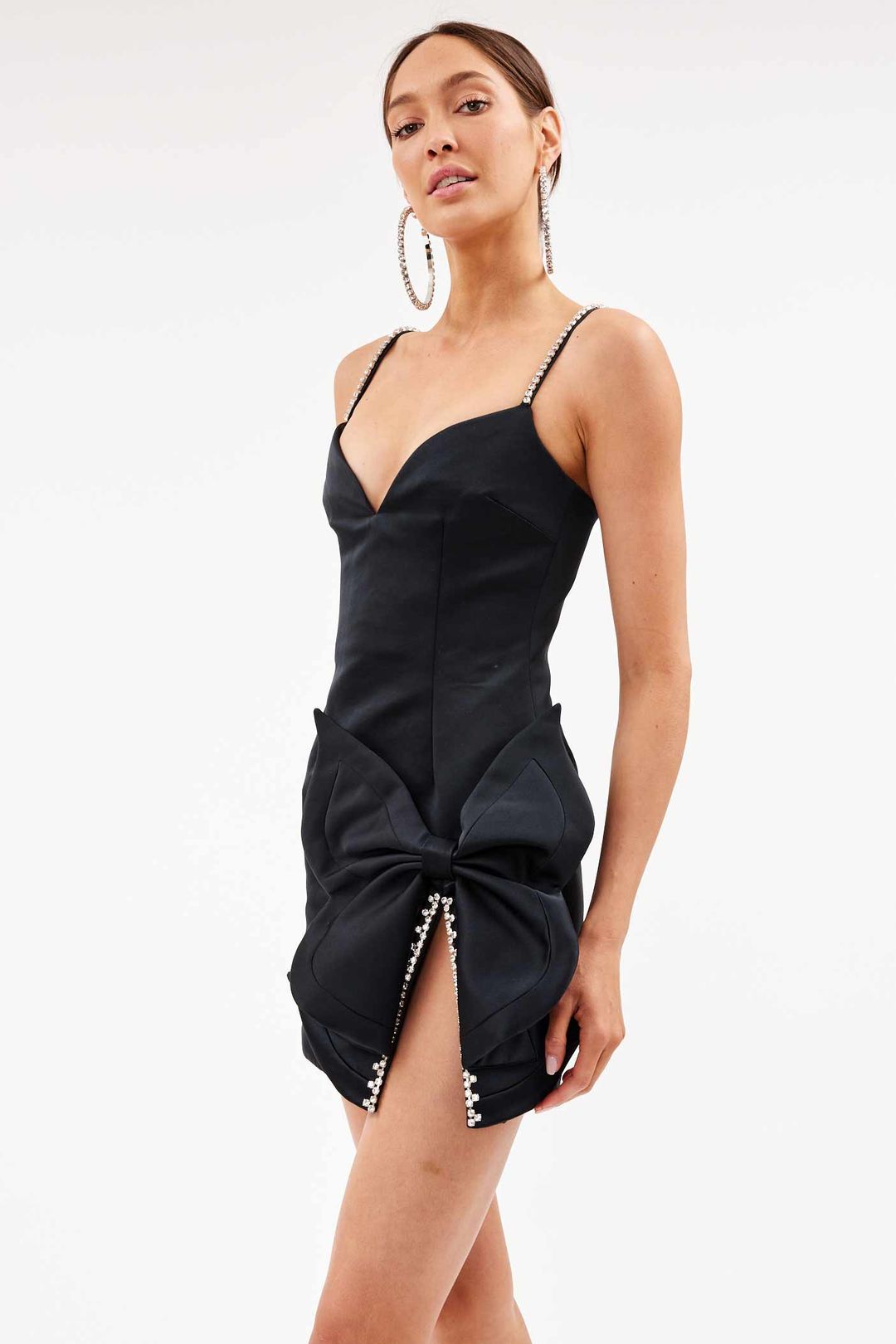 NWT!! Style of CB fitted satin bow mini dress with crystal trim detailing sz 0/2.