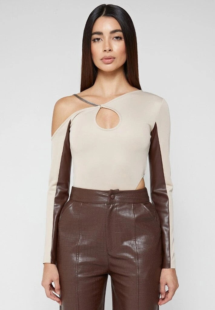 NWT!! Maniere De Voir Asymmetric High Leg Bodysuit With Chain sz 12.