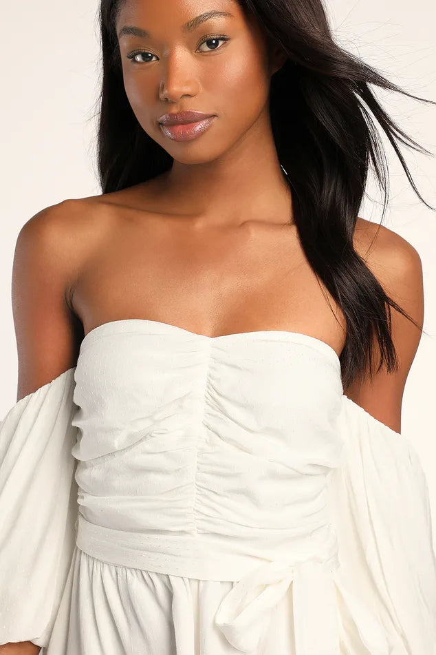 Lulus Playful Moments Ivory Ruched Off-the-Shoulder Romper S