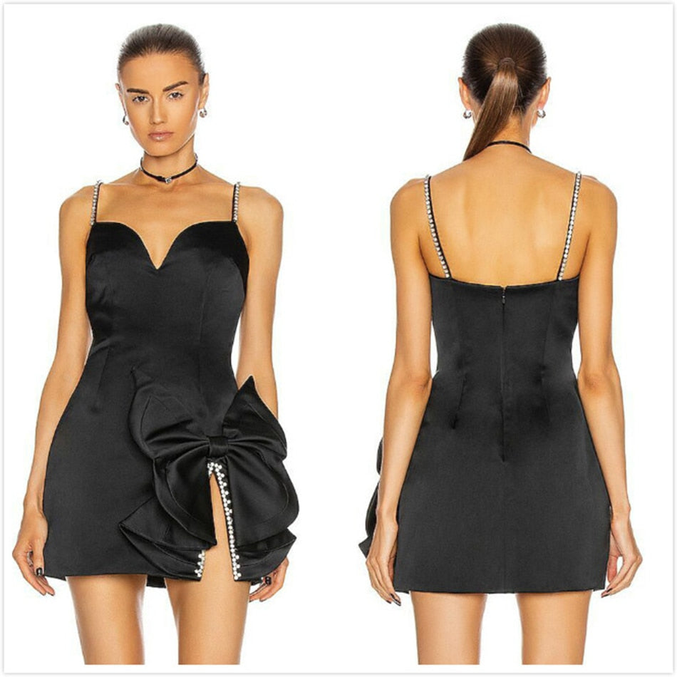 NWT!! Style of CB fitted satin bow mini dress with crystal trim detailing sz 0/2.