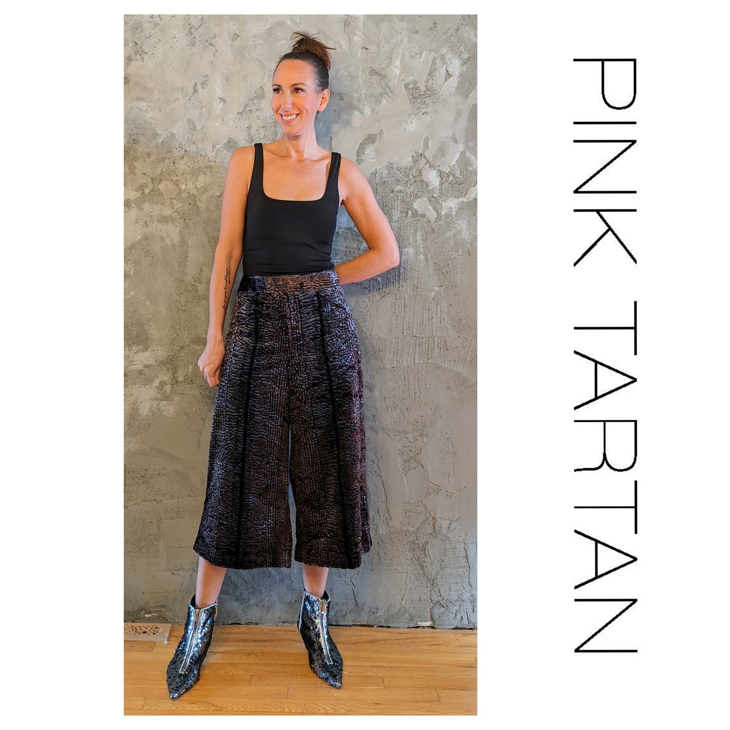 NWT! Pink Tartan Wide Leg Plush Velvet Crop Pant sz 14 (clipped to show fit)