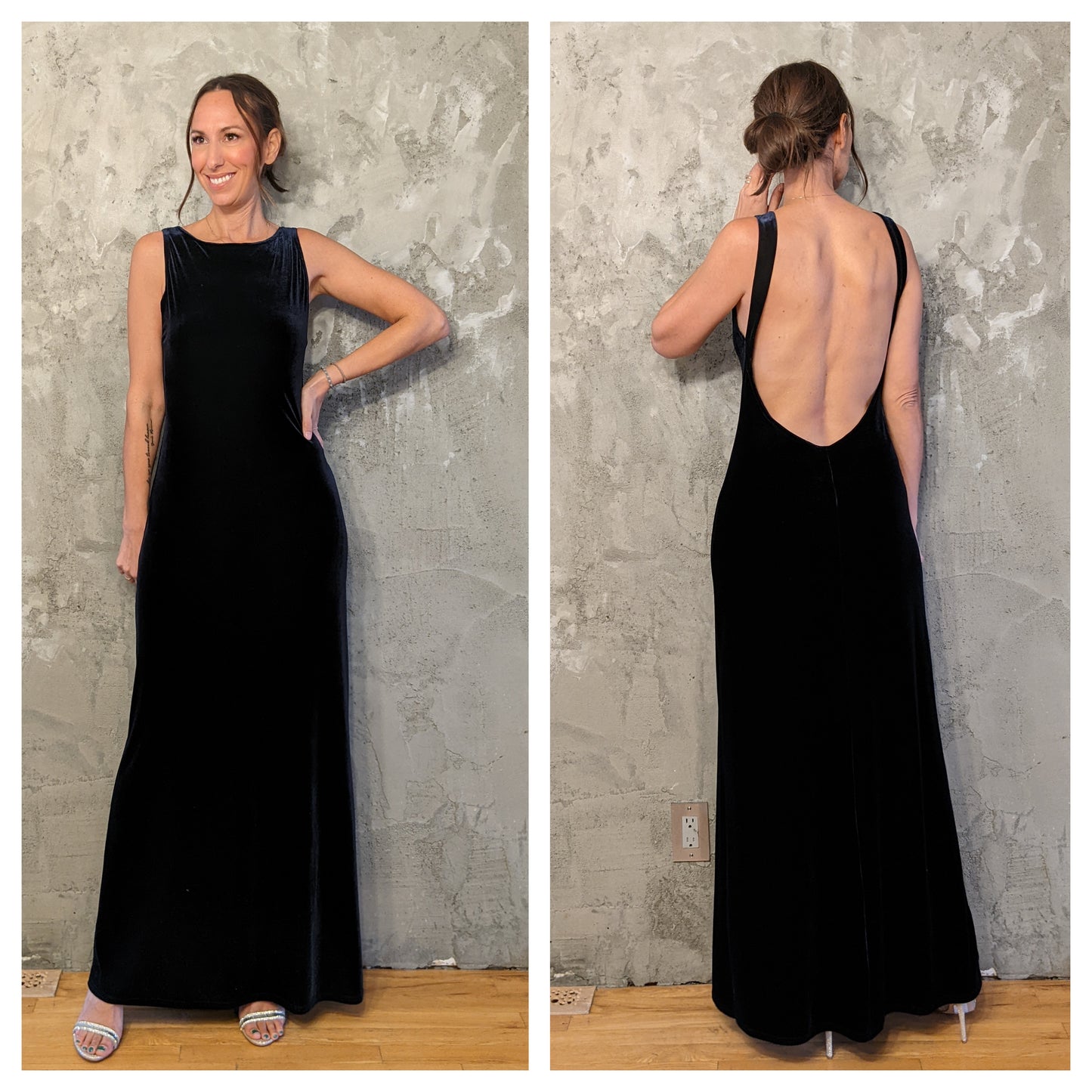 Bellissima Navy Velvet Gown sz 8 lots of Stretch