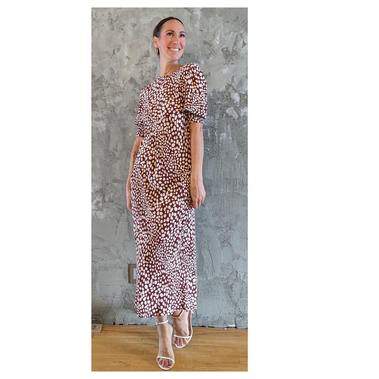 Rixo London Jess Spotted Puff Sleeve Brown Dress sz M