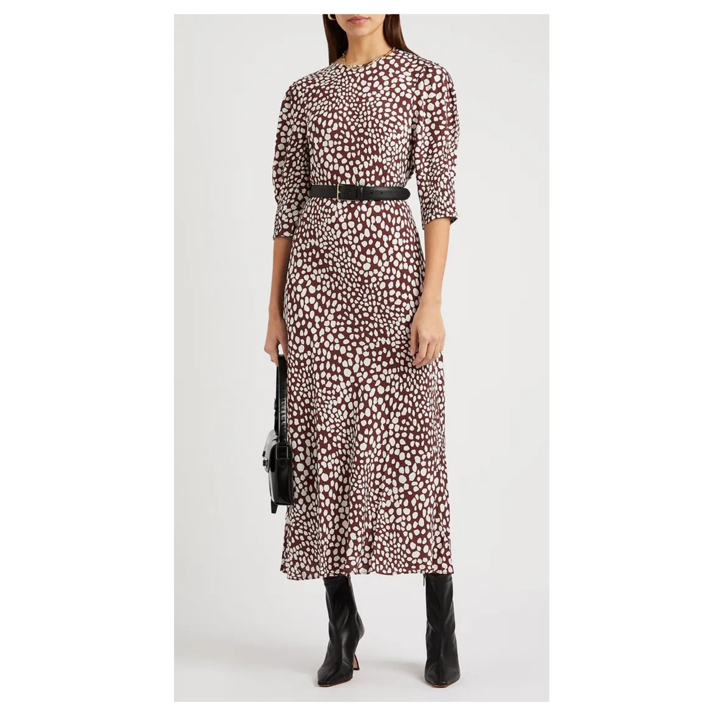 Rixo London Jess Spotted Puff Sleeve Brown Dress sz M