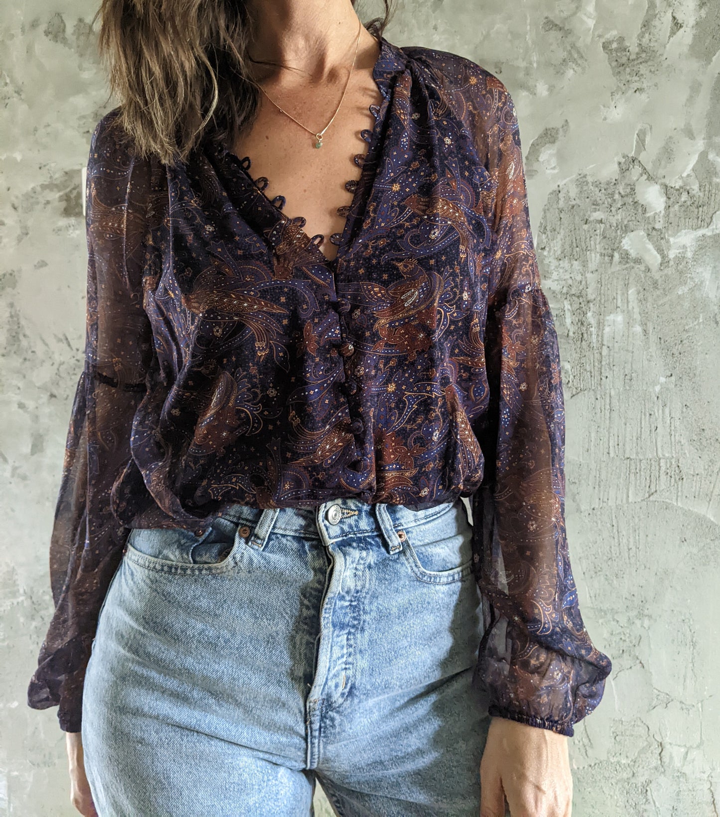 Veronica Beard Jayce Deep V Paisley Long Sleeve Silk Blouse sz 4