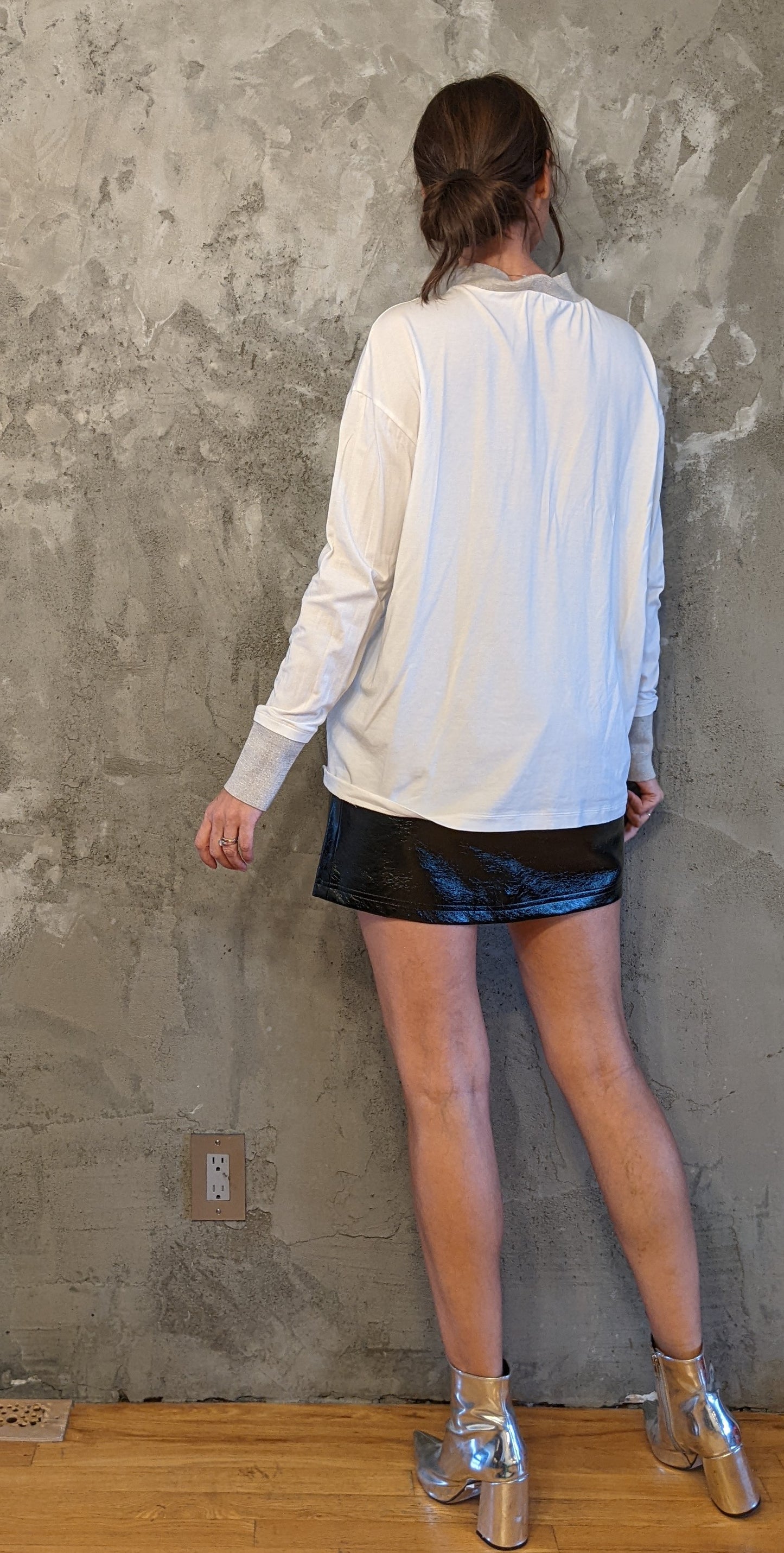 Designer! Fabiana Filippi Mockneck Cotton Top with Sparkly Merino Wool Neck and Fitted Cuffs sz XXL