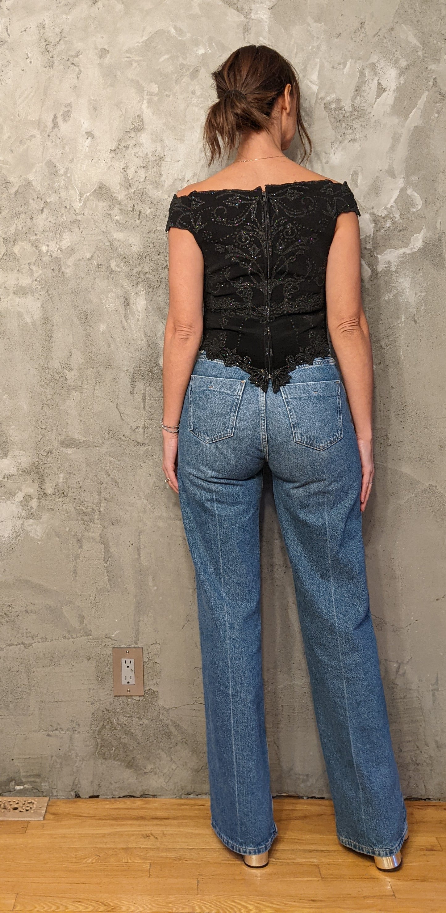 Ribkoff Off Shoulder Top Shiny Bead Detail, Zip Back sz 4
