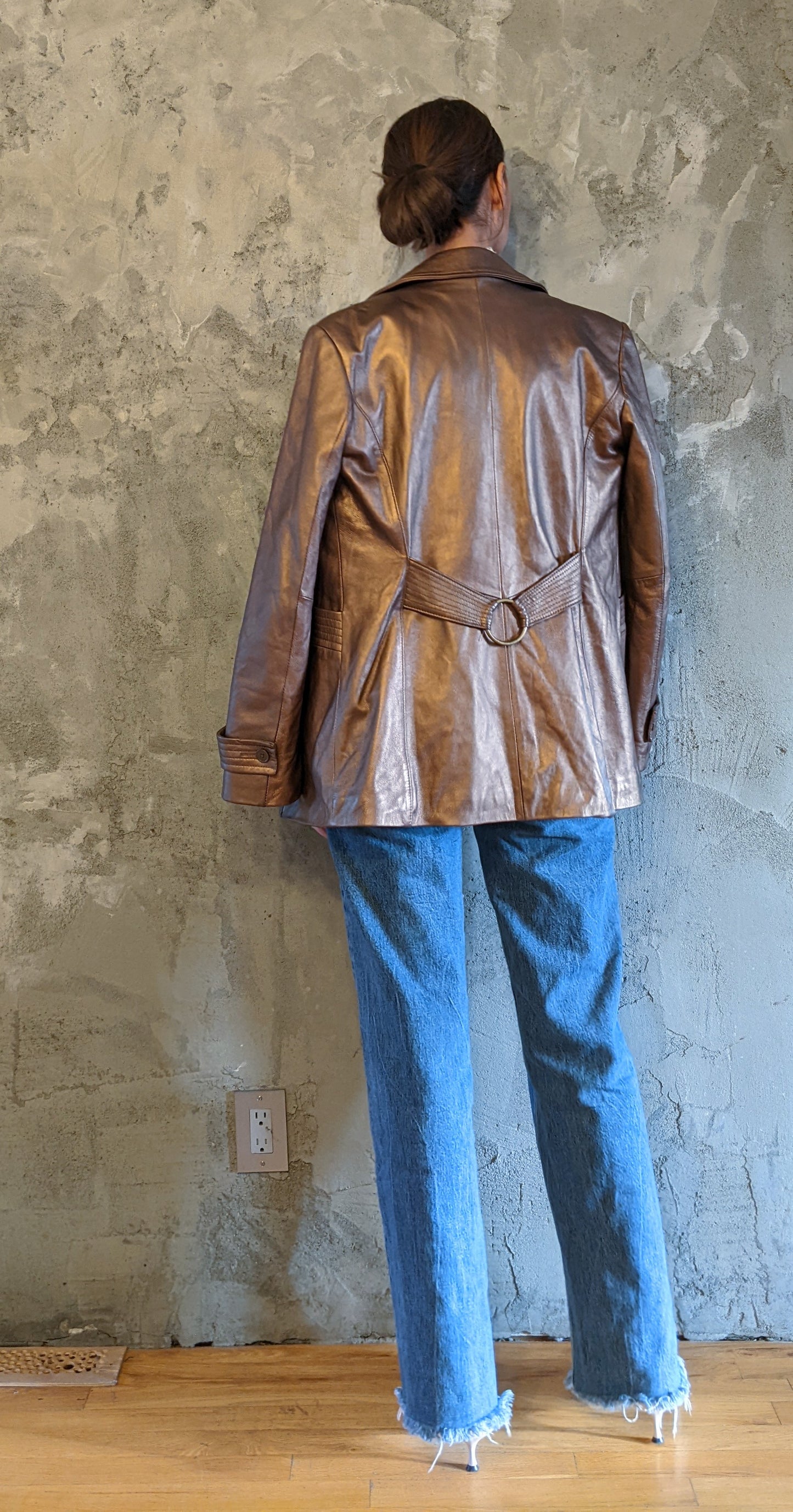 Vintage Marvin Richards genuine leather bronze metallic zip front jacket sz S.