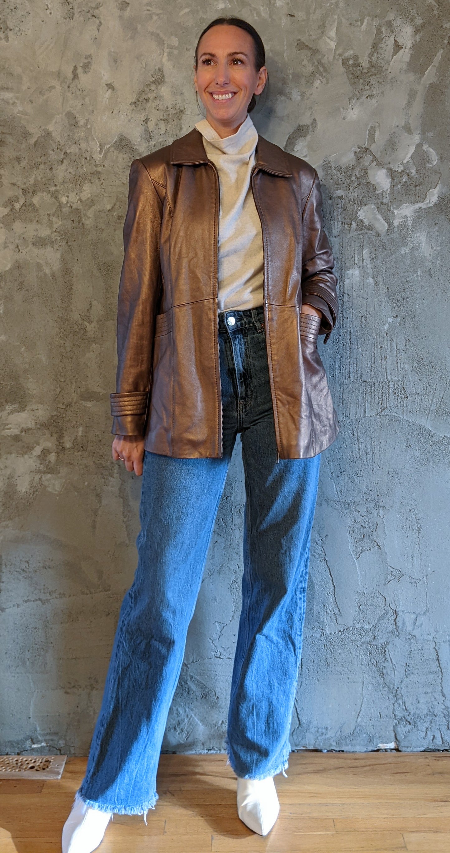 Vintage Marvin Richards genuine leather bronze metallic zip front jacket sz S.