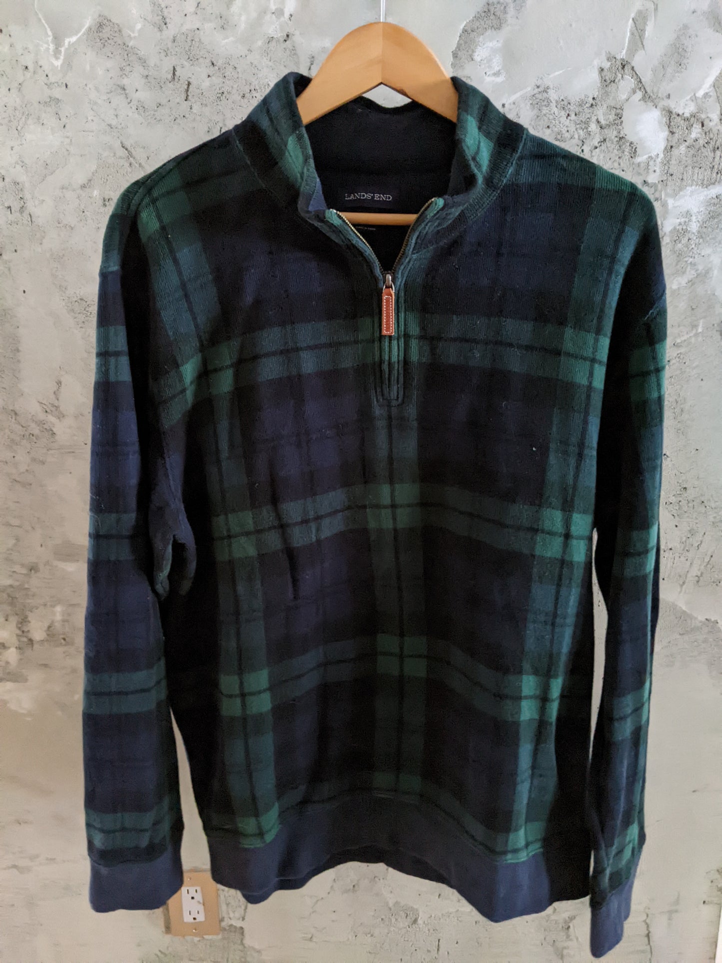 Lands End Evergreen Tartan Bedford 1/4 Zip Pullover Sweater sz Lrg