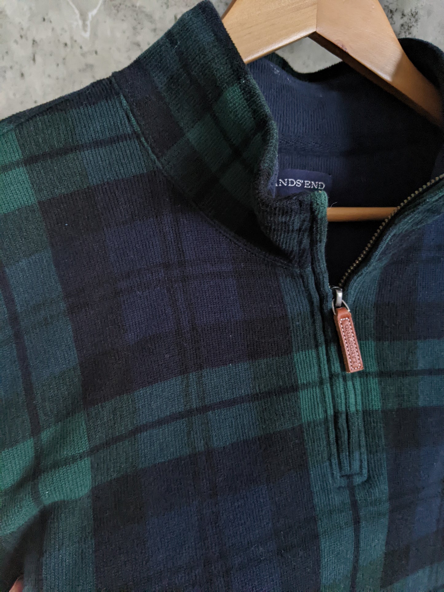 Lands End Evergreen Tartan Bedford 1/4 Zip Pullover Sweater sz Lrg