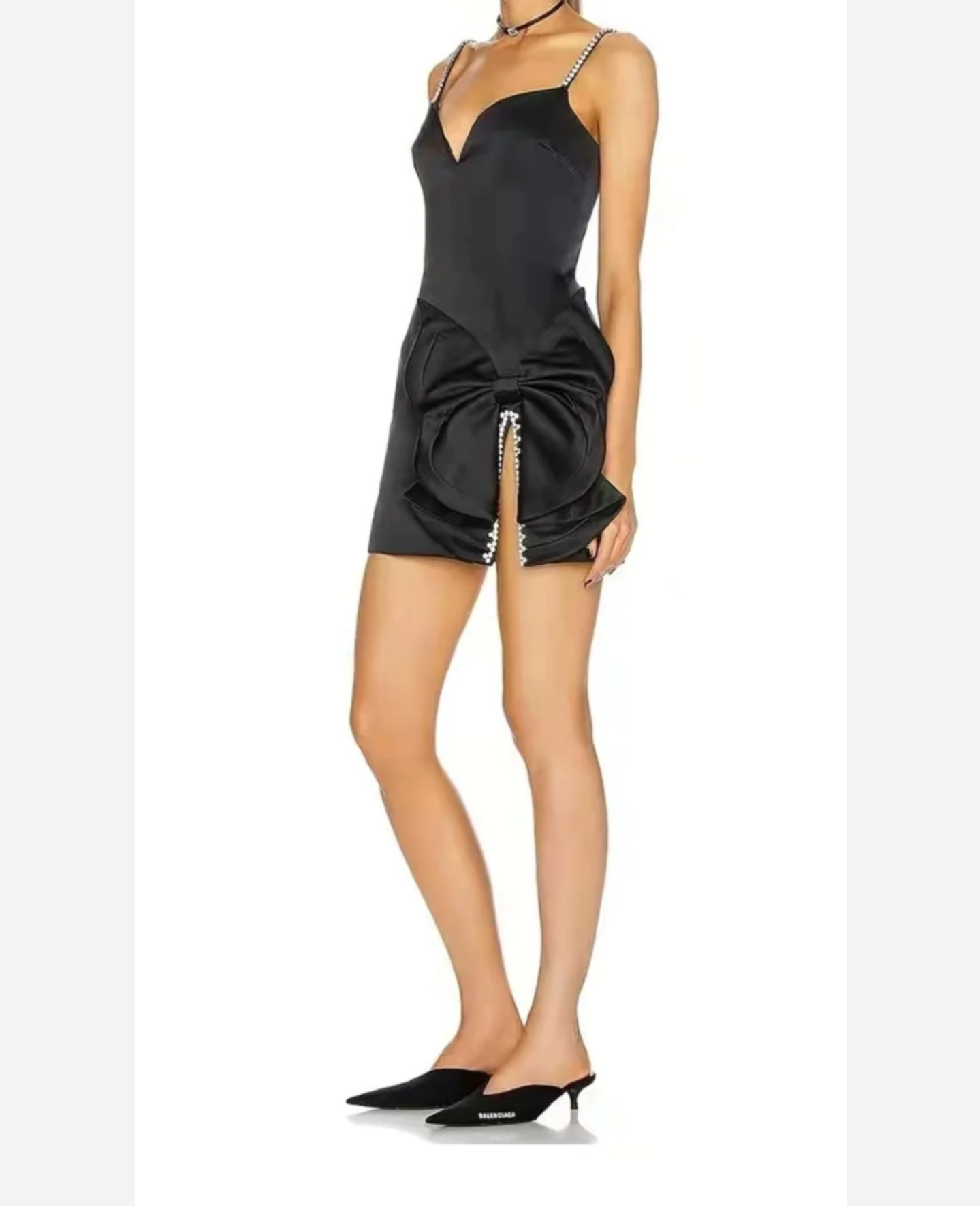 NWT!! Style of CB fitted satin bow mini dress with crystal trim detailing sz 0/2.