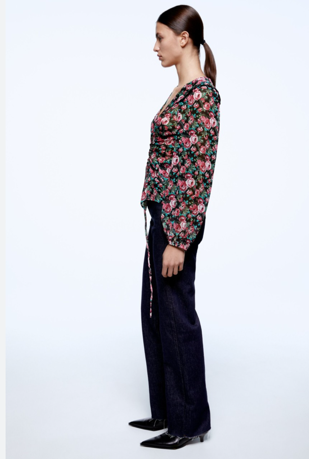 Zara semi sheer blouse with adjustable tie on front. Sz XS.