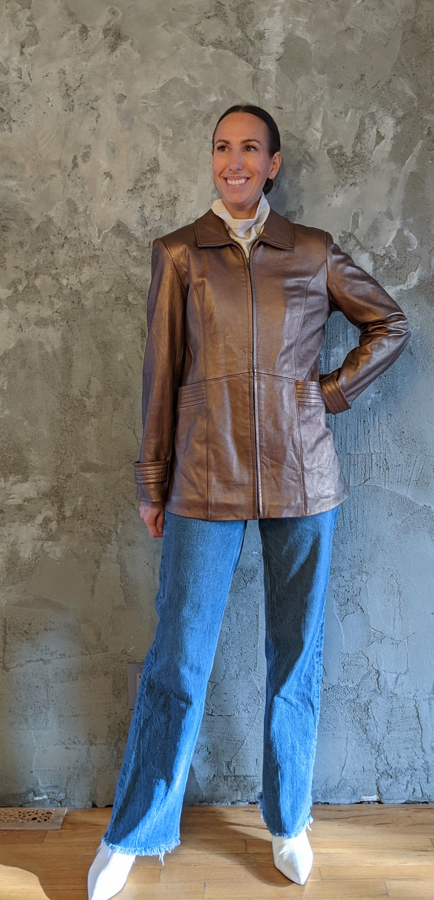 Vintage Marvin Richards genuine leather bronze metallic zip front jacket sz S.