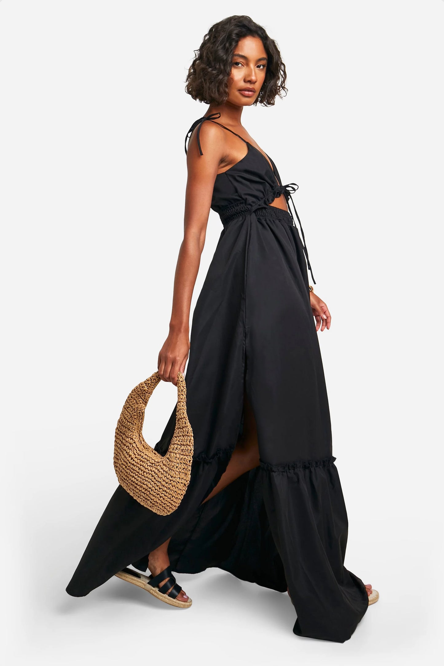 NWT!! Boohoo Tall "Woven V Neck Strappy Tiered Maxi Dress" sz 10