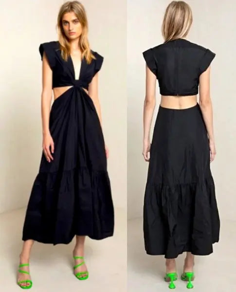 Jason Wu Waist Cutout Cuffed Sleeve V-Neck Satin Dress sz XS