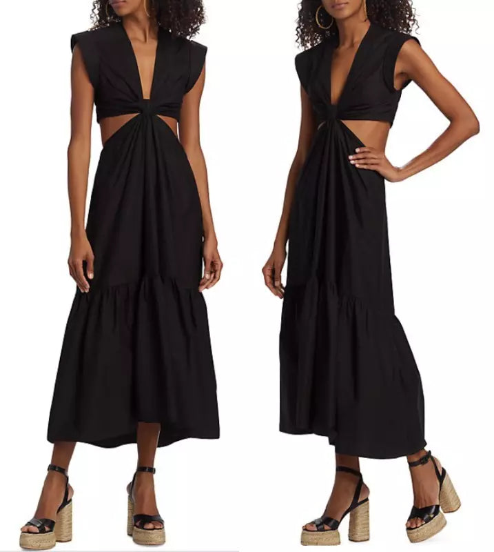Jason Wu Waist Cutout Cuffed Sleeve V-Neck Satin Dress sz XS