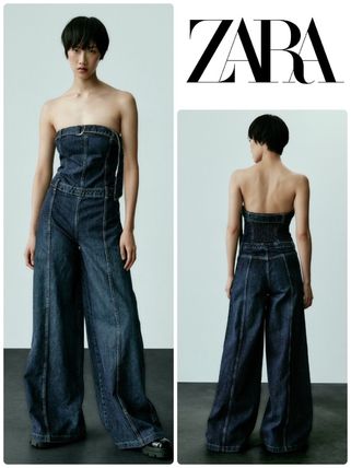 NWT! Zara strapless denim wide leg jumpsuit size XL.