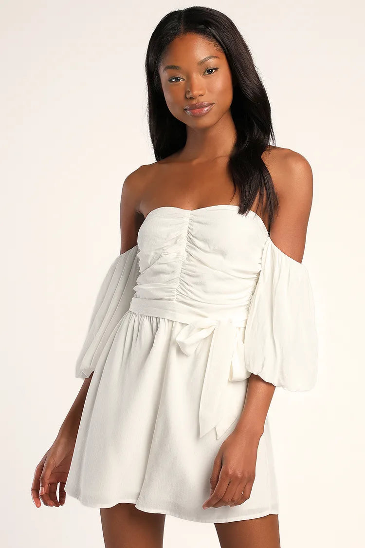 Lulus Playful Moments Ivory Ruched Off-the-Shoulder Romper S