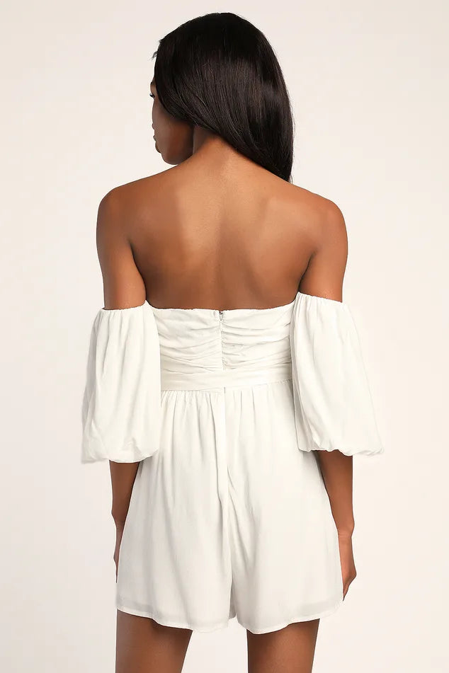 Lulus Playful Moments Ivory Ruched Off-the-Shoulder Romper S