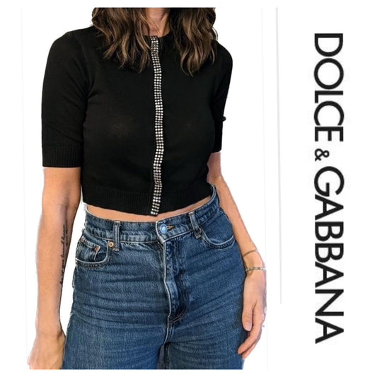 DOLCE & GABBANA short sleeve snap button cardigan with crystal embellished strip down front. Sz IT 40 (US sz 4).