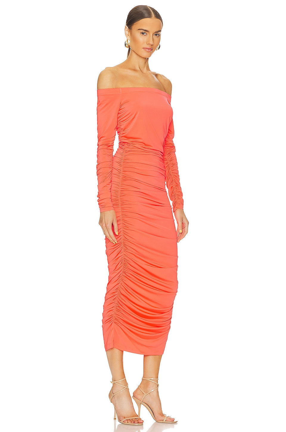 L'AGENCE Kamali Ruched Off Shoulder Dress in Neon Orange sz M