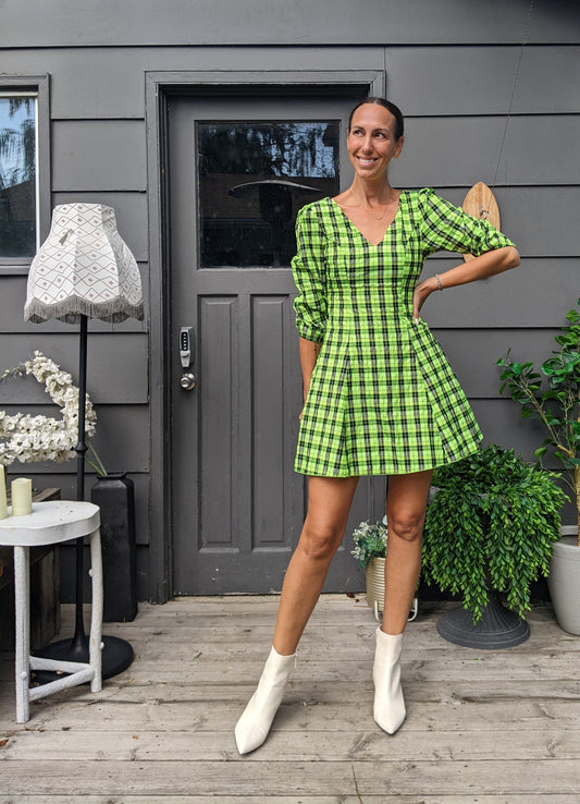 Cider Neon Green Plaid Dress sz S.