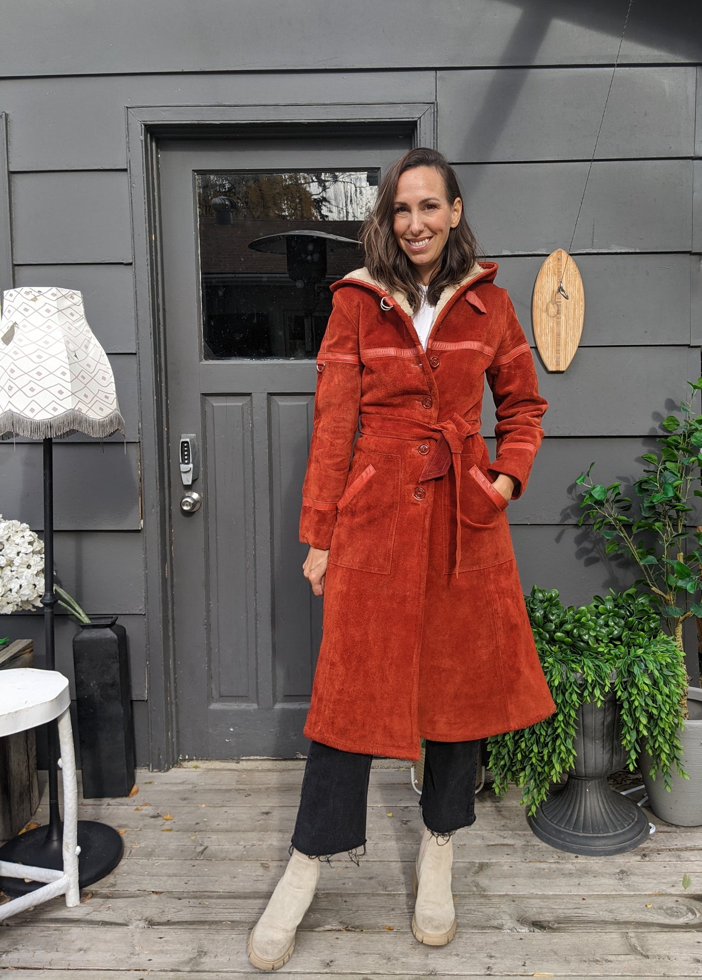 Vintage genuine suede hooded jacket with leather trim. Fits like sz 2.