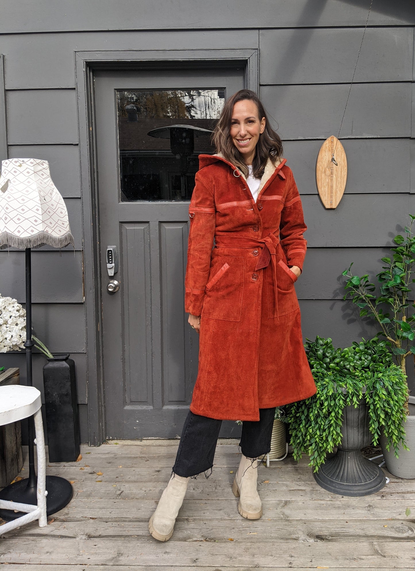 Vintage genuine suede hooded jacket with leather trim. Fits like sz 2.