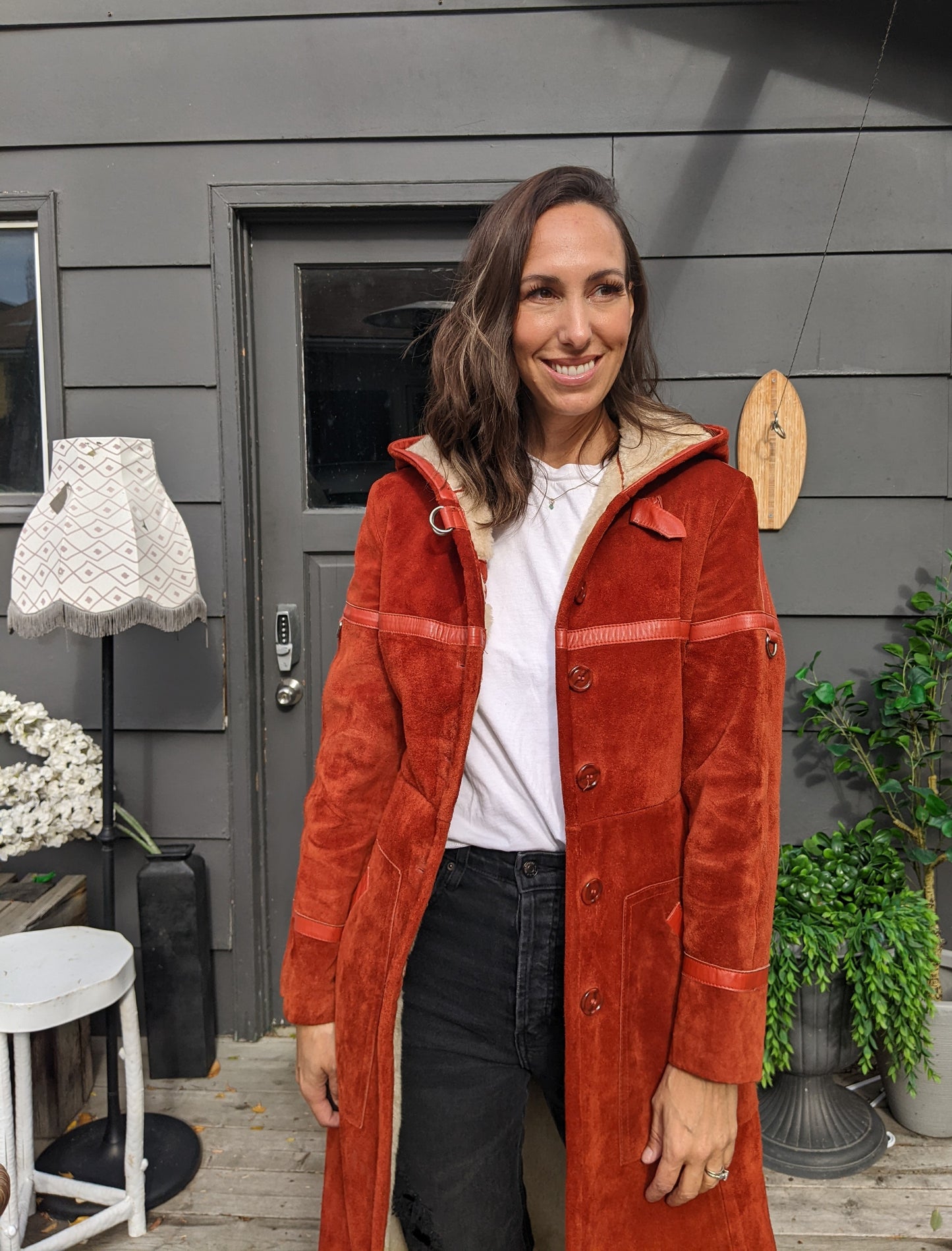 Vintage genuine suede hooded jacket with leather trim. Fits like sz 2.