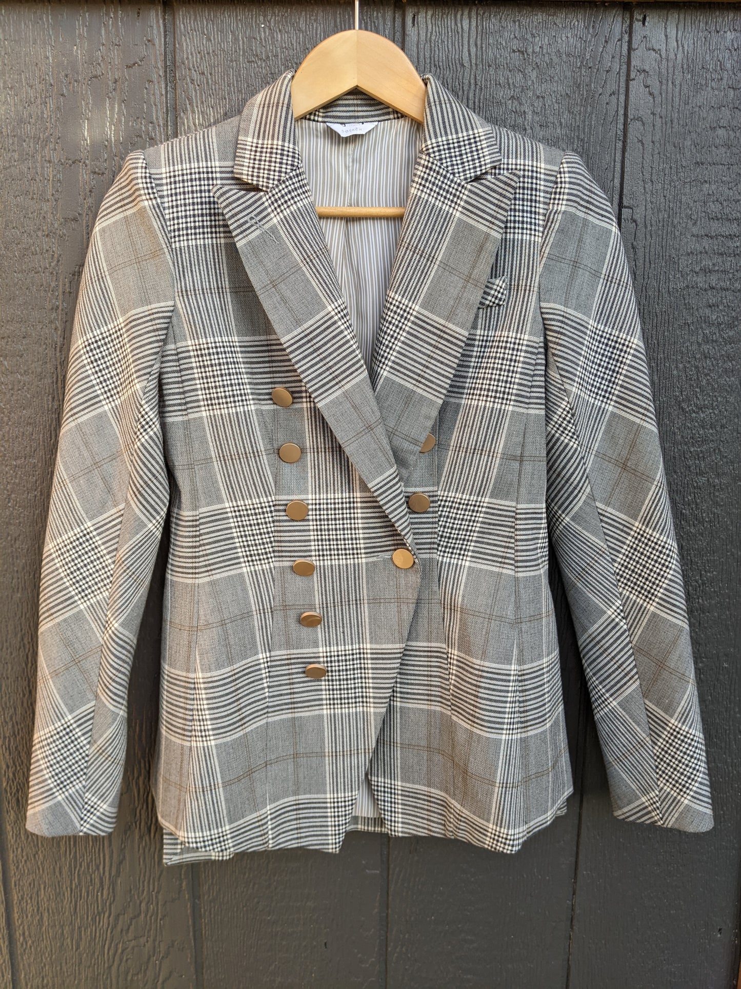 Sosken Studios Hero grey plaid double breasted blazer sz S