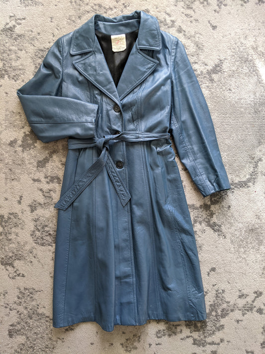 Vintage blue genuine leather trench coat sz 16 (fits like S/M!)