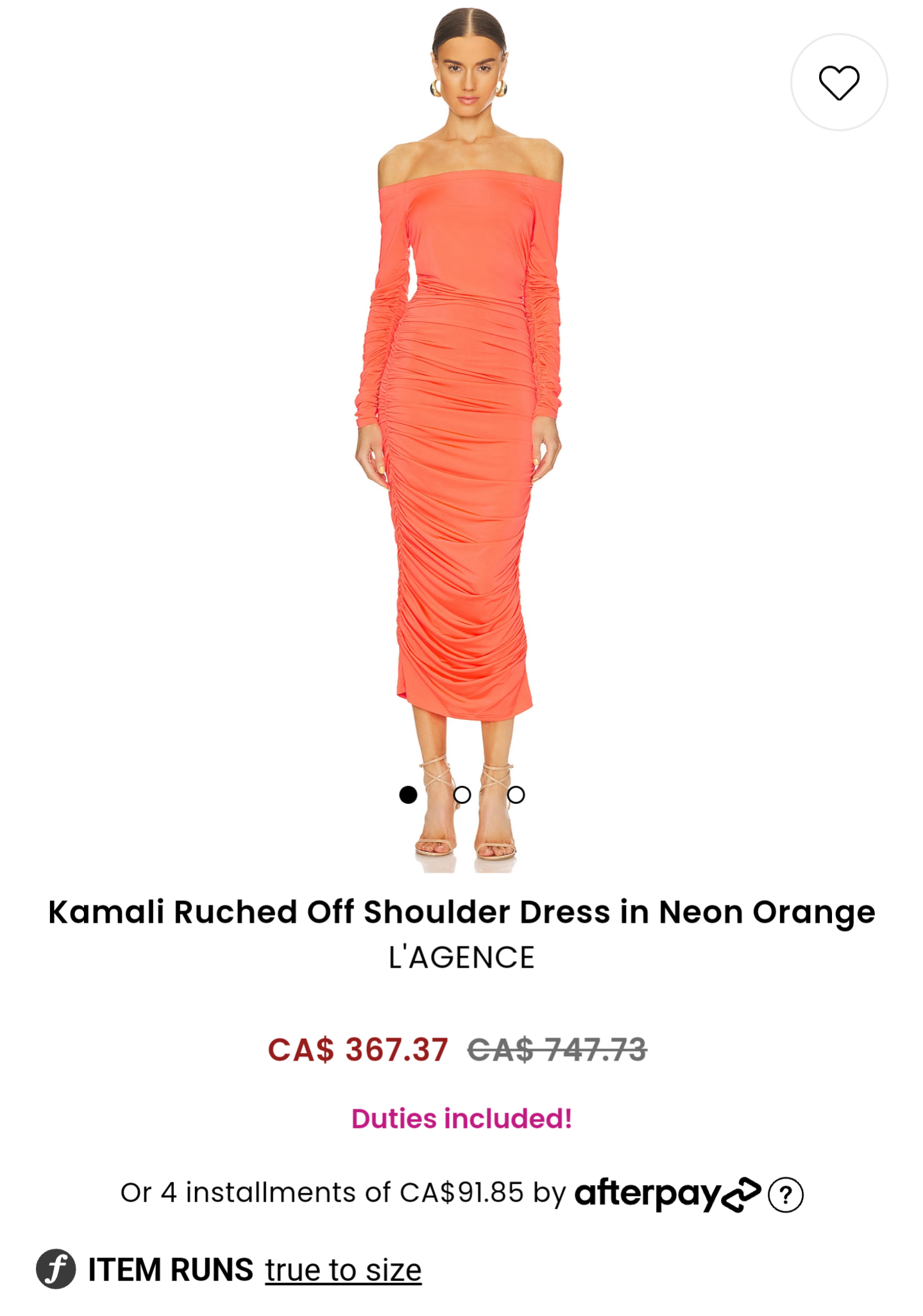 L'AGENCE Kamali Ruched Off Shoulder Dress in Neon Orange sz M