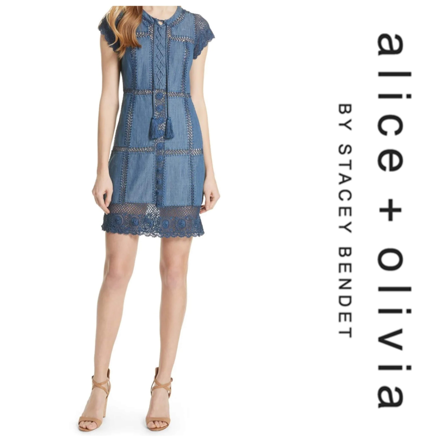 alice + olivia Tona Crocheted Patchwork Chambray Dress sz 6.