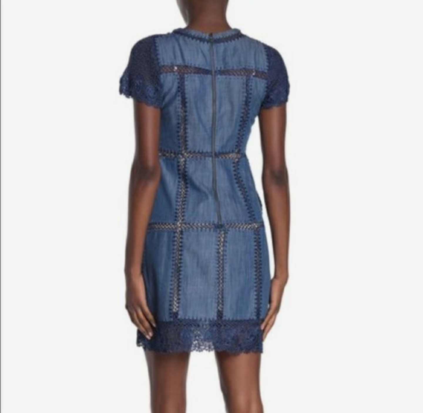 alice + olivia Tona Crocheted Patchwork Chambray Dress sz 6.