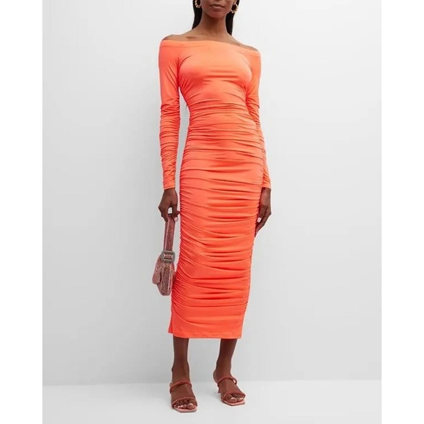 L'AGENCE Kamali Ruched Off Shoulder Dress in Neon Orange sz M