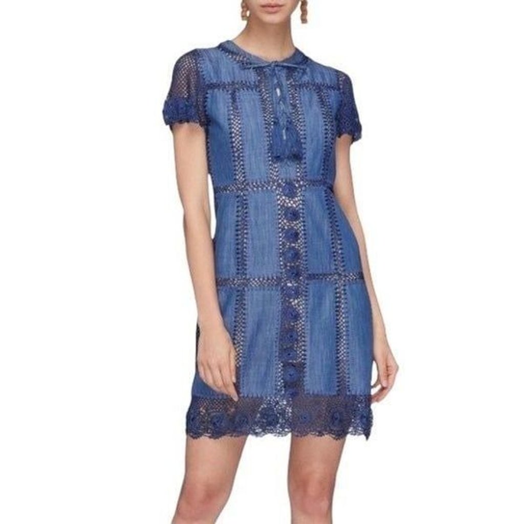 alice + olivia Tona Crocheted Patchwork Chambray Dress sz 6.