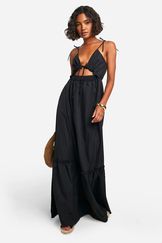 NWT!! Boohoo Tall "Woven V Neck Strappy Tiered Maxi Dress" sz 10