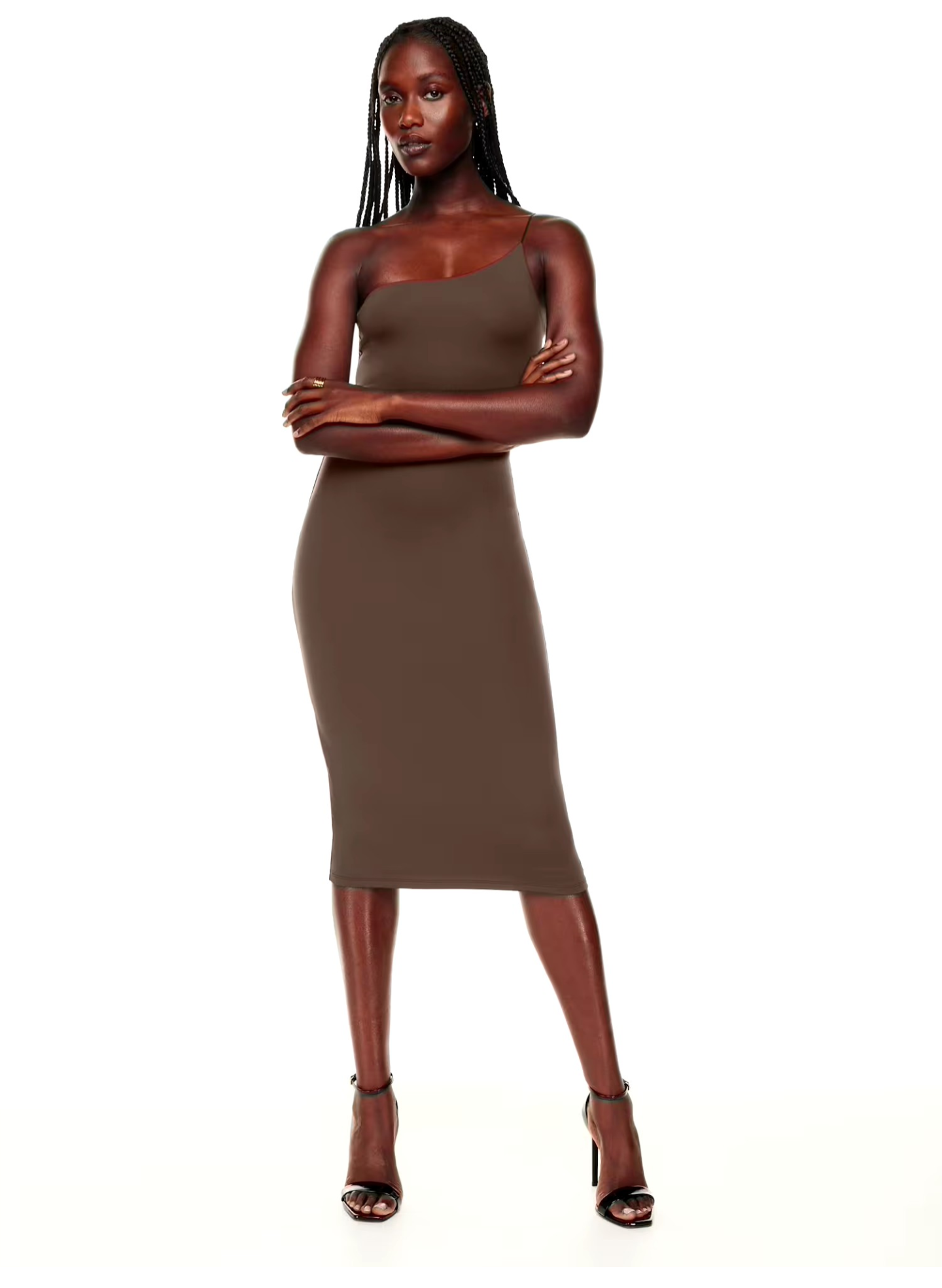 Babaton contour one shoulder midi dress sz M brown