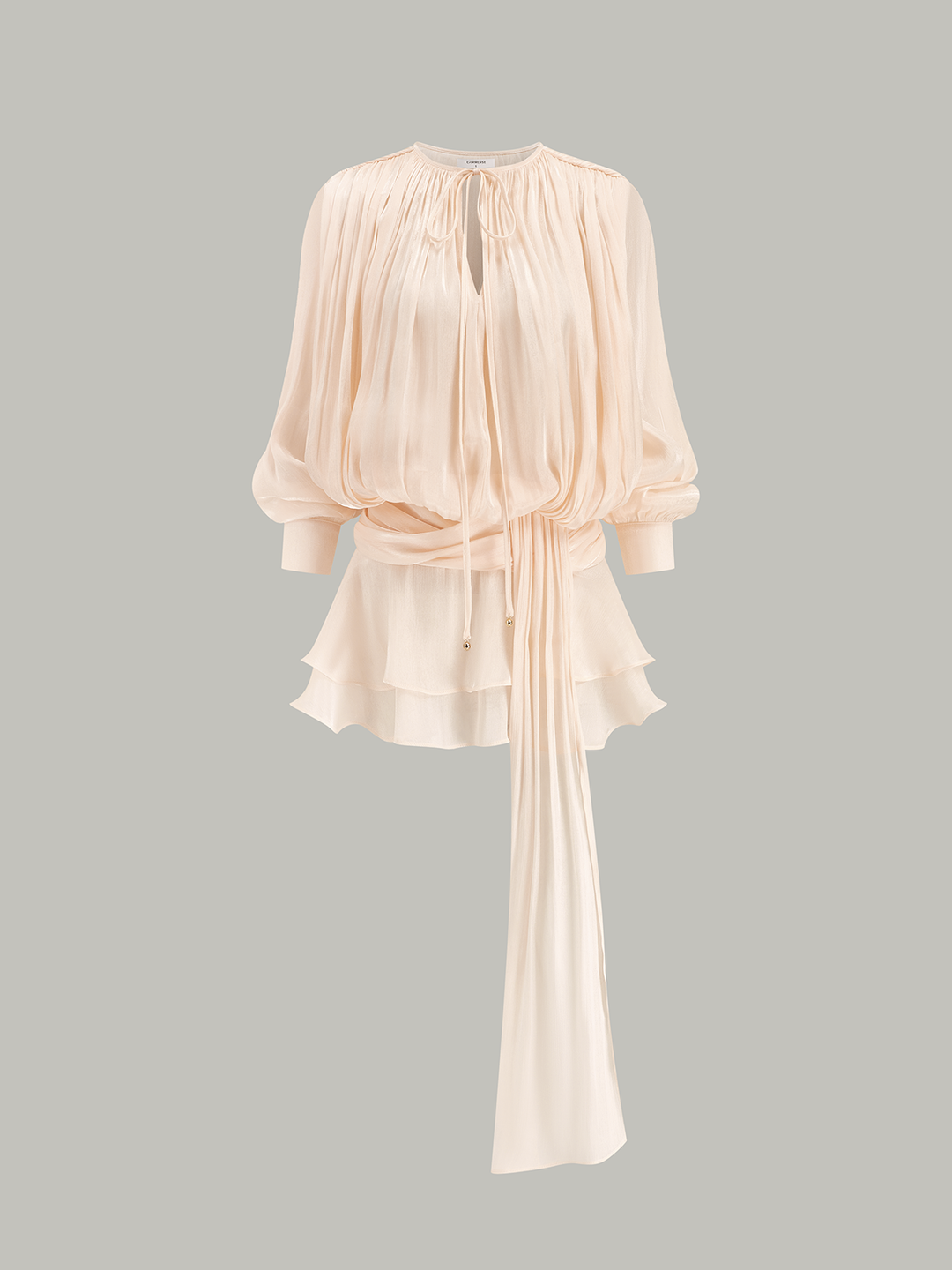 NWT! Commense Semi-Sheer Tiered Draped Tie-Waist Mini Dress sz XS