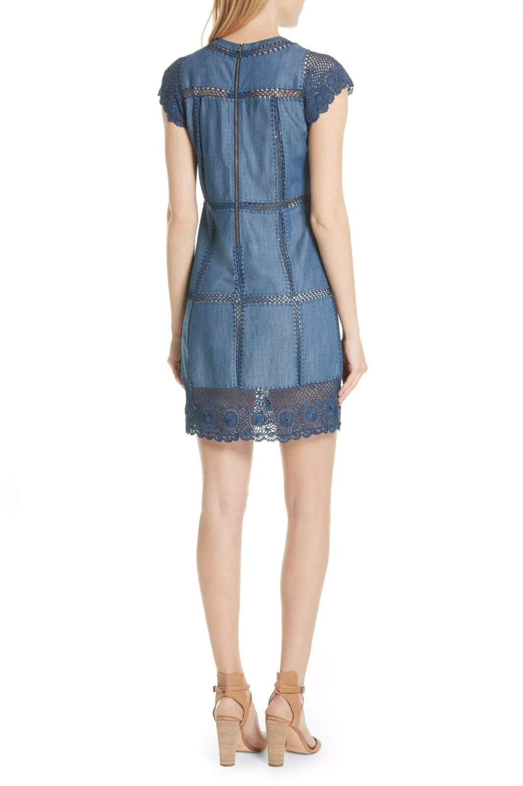 alice + olivia Tona Crocheted Patchwork Chambray Dress sz 6.