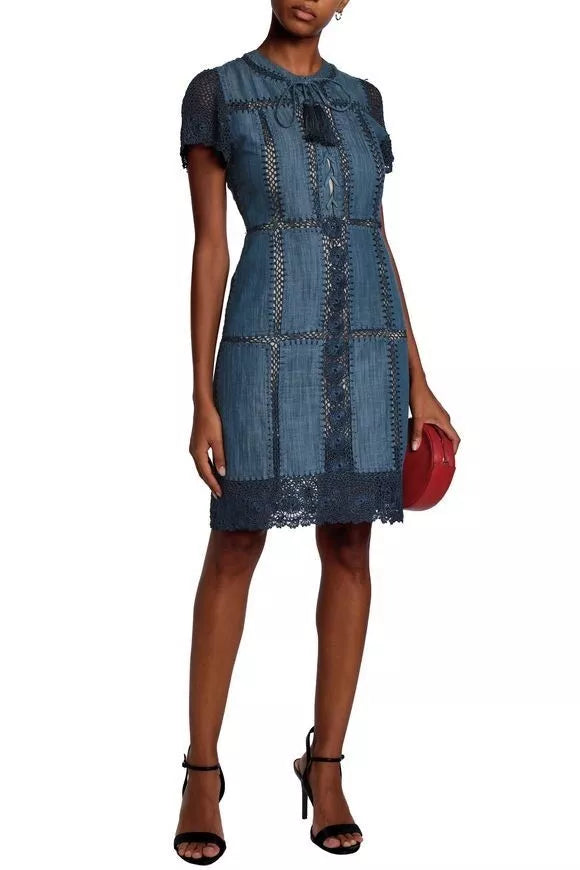 alice + olivia Tona Crocheted Patchwork Chambray Dress sz 6.