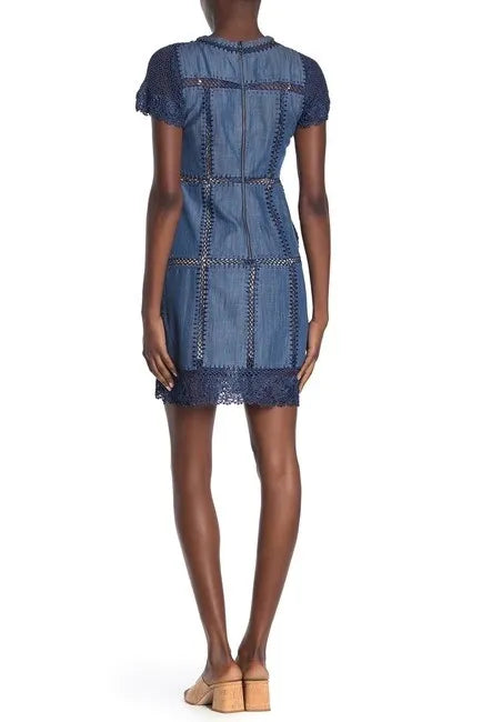 alice + olivia Tona Crocheted Patchwork Chambray Dress sz 6.