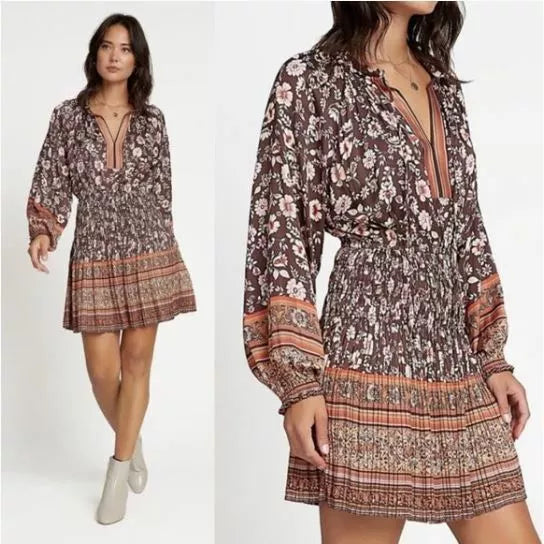 ANTHROPOLOGIE Current Air Alyce Brown Floral Boho Blouson Mini Dress sz M